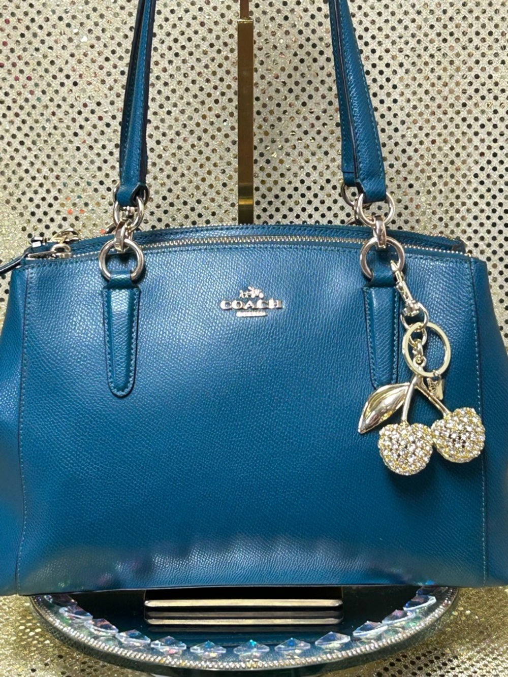 COACH Teal Leather Cherry-Accent Tote Bag Approx. 13 x 9 x 3